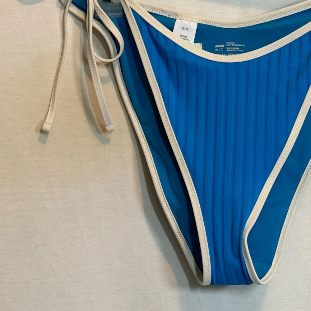 AA-505 Aerie NWT Cheekiest Side Tie Ribbed Blue & White‎ Swim Bikini Bottoms